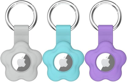 MC Fashion 3 Pack AirTag Holder for AirTag, Cute Flower Soft Silicone Protective Keychain Cover for Kids, Pets, Backpacks (Gray+Blue+Purple)