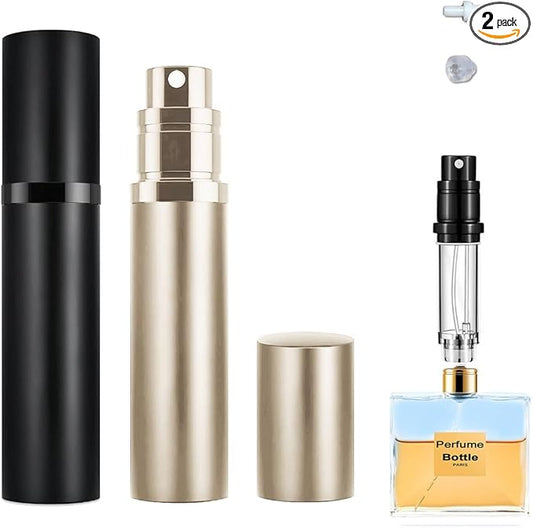 2PCS 5ml Perfume Atomizer Travel Refillable, Bottom-Filling Fragrances Perfumes Bottle, Pocket Atomiser for On the Go (Black & Champagne Gold)