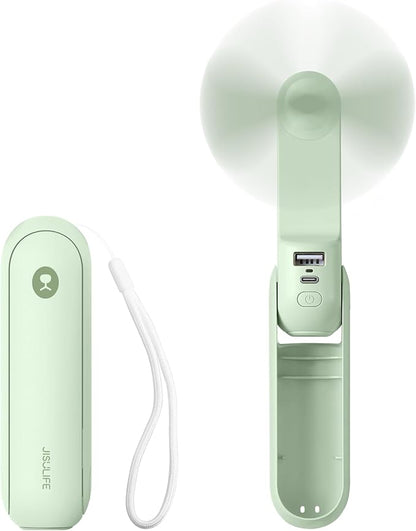 JISULIFE Portable Handheld Fan, Mini 3 In 1 with Rechargeable Battery, Personal Pocket Fan for Travel, Outdoor, USB Power Bank, Flashlight, Essential Ideal Gifts for Summer/Concert/Vacation - Green