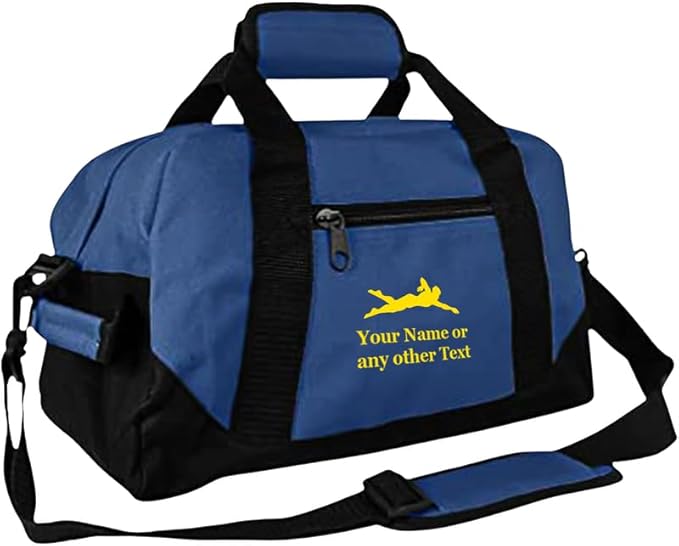 Personalized Passion 14” Small Sports Duffel Bags for Kids - Waterproof Travel Duffle with Name & Swimming Design - Navy Blue Two-Toned Kids Weekender Bag for Boys and Girls