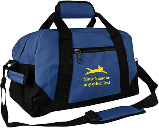 Personalized Passion 14” Small Sports Duffel Bags for Kids - Waterproof Travel Duffle with Name & Swimming Design - Navy Blue Two-Toned Kids Weekender Bag for Boys and Girls