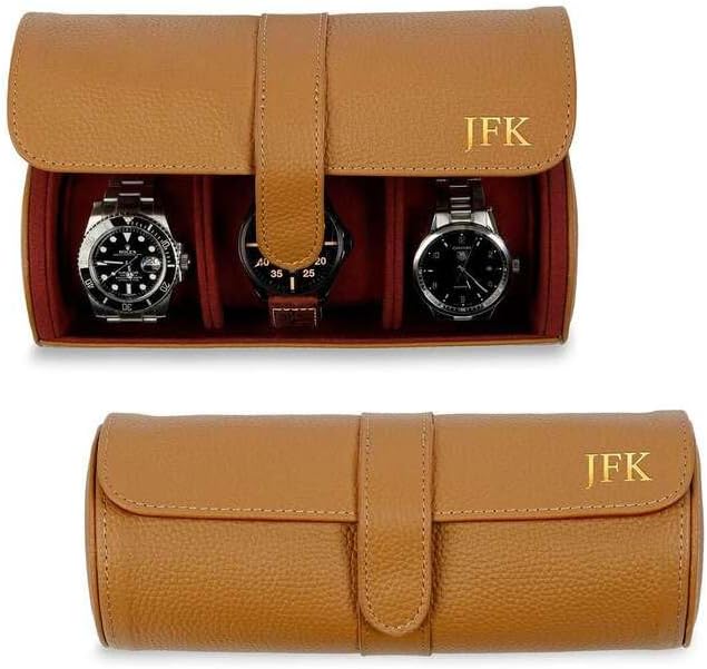 HomeWetBar Custom Leather Watch Roll for Travel, 3 Slot British Tan Watch Case with Velvety Interior, Personalized Initials Option