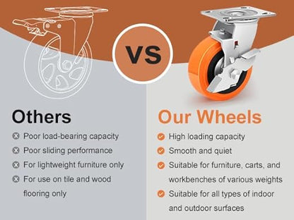 5 Inch Heavy Duty Casters - Industrial Casters with Upgraded Thickened Bracket Set of 4, Polyurethane Wheel Capacity up to 3500 lbs, Plate Swivel Caster Use for Indoor and Outdoor(4 Brake)