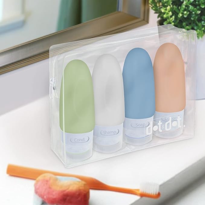 Dot&Dot Leak Proof Travel Bottles for Toiletries - 4 Pack Silicone Toiletry Containers - Shampoo and Conditioner Bottles With TSA Quart Bag - 2 oz Size