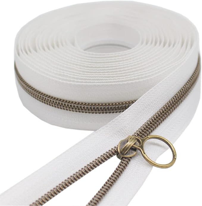 YaHoGa #5 Antique Brass Metallic Nylon Coil Zippers by The Yard Bulk White Tape 10 Yards with 20pcs Sliders for DIY Sewing Tailor Craft Bag (Anti-Brass White)