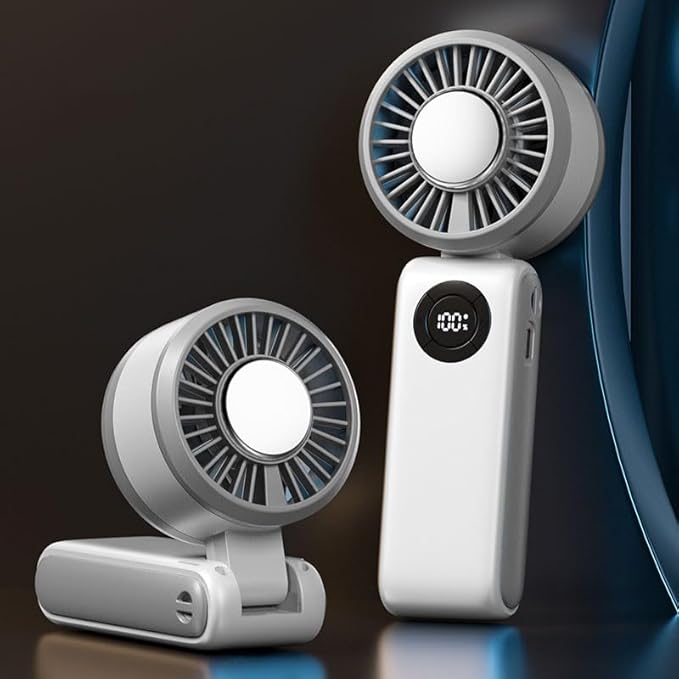 Portable Handheld Fan, 3 IN 1 Rechargeable Personal Fan with 5 Speed Wind, 4000mAh Battery, Digital Display, 90° Foldable Rapid Cooling Small Fan Desk Fan for Travel, Camping, Outdoor Sports