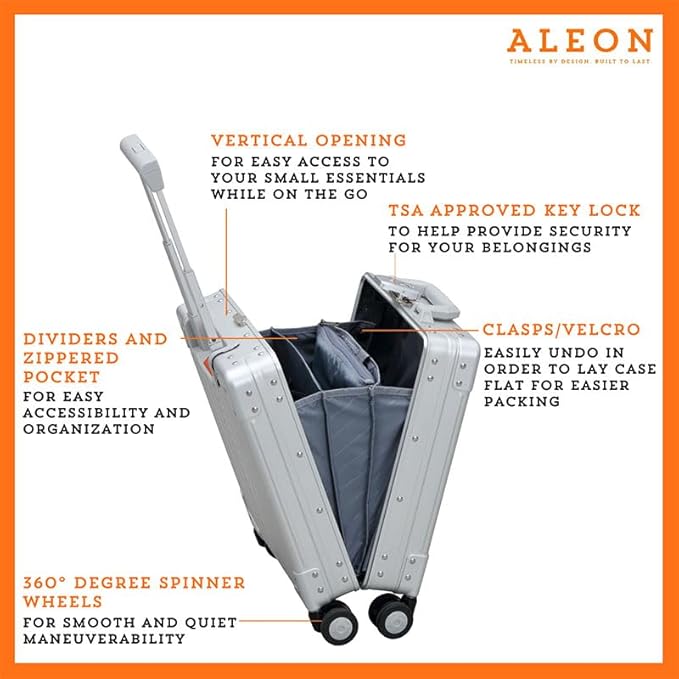Aleon All Aluminum Lightweight 16” Premium Vertical Underseat Carry-On Luggage. Business Briefcase with Wheels - Hardshell Suitcase