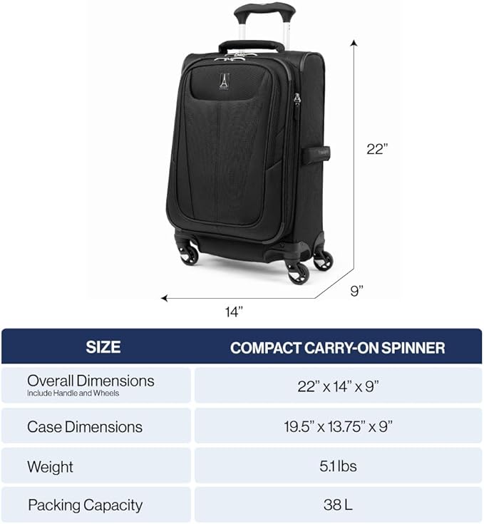 Travelpro Maxlite 5 Softside Expandable Luggage with 4 Spinner Wheels, Lightweight Suitcase, Men and Women, Ensign Blue, Compact Carry-on 20-Inch