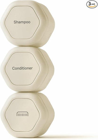 Cadence Travel Containers Haircare Capsule Set - Magnetic Containers with Lids,Carry On Travel Essentials For Women/Men - 3 Flex Mediums (1.32oz) - Shampoo, Conditioner & Comb Icon Labels - Sand