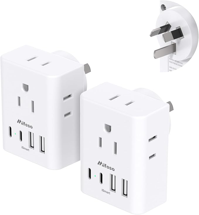 2 Pack Australia New Zealand Power Plug Adapter, Australia Travel Adapter with 4 American Outlets 4 USB Charging Ports (4 USB C), Type I Plug Adapter for US to Australia, Argentina, China