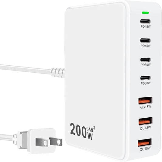 USB C Charger 200W USB C Charger Block, Upgraded GaN 7-Port Fast Charging Station Hub, Laptop Charger Adapter, Compatible with MacBookAir/Pro, DELL, iPhone16/15, iPad, Steam (White)