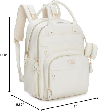 BabbleRoo Leather Diaper Bag Backpack - Baby Essentials Travel Baby Bag, Multi function, Water Resistant, with Changing Pad, Stroller Straps & Pacifier Case – Unisex, Eggshell White
