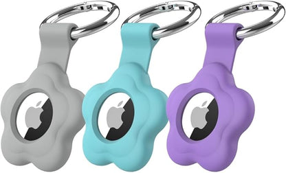 MC Fashion 3 Pack AirTag Holder for AirTag, Cute Flower Soft Silicone Protective Keychain Cover for Kids, Pets, Backpacks (Gray+Blue+Purple)