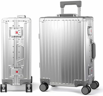 All Aluminum 24 Inch Check In Luggage Hard Shell Suitcases with Spinner Wheels and TSA Lock, Checked Medium Suitcase (Sliver)