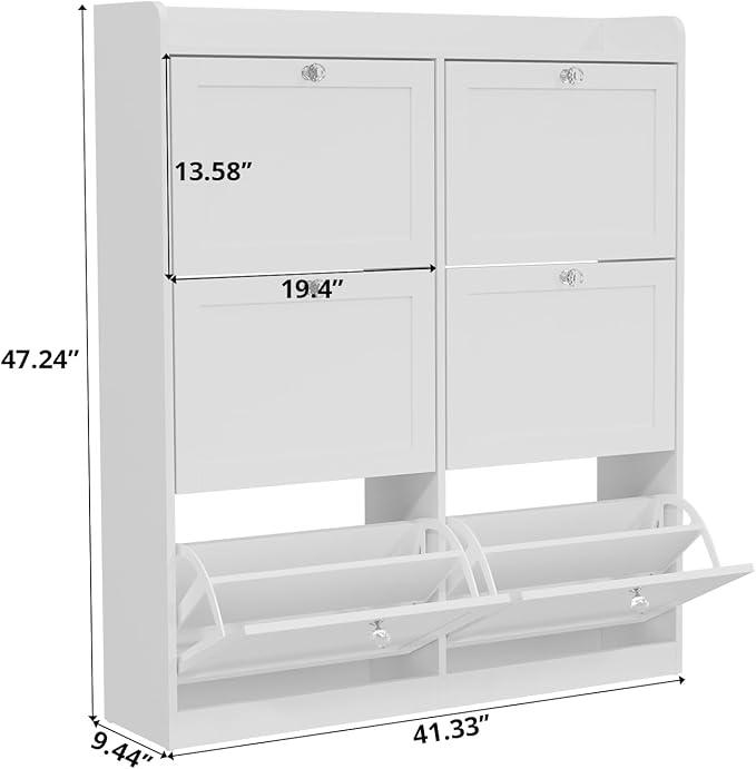 VOWNER Large Shoe Storage Cabinet with 6 Flip Drawers, Freestanding Shoe Organizer with Open Storage & Crystal Handle, Slim Narrow Shoe Rack Cabinet for Entryway, Foyer, Hallway, White