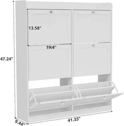 VOWNER Large Shoe Storage Cabinet with 6 Flip Drawers, Freestanding Shoe Organizer with Open Storage & Crystal Handle, Slim Narrow Shoe Rack Cabinet for Entryway, Foyer, Hallway, White