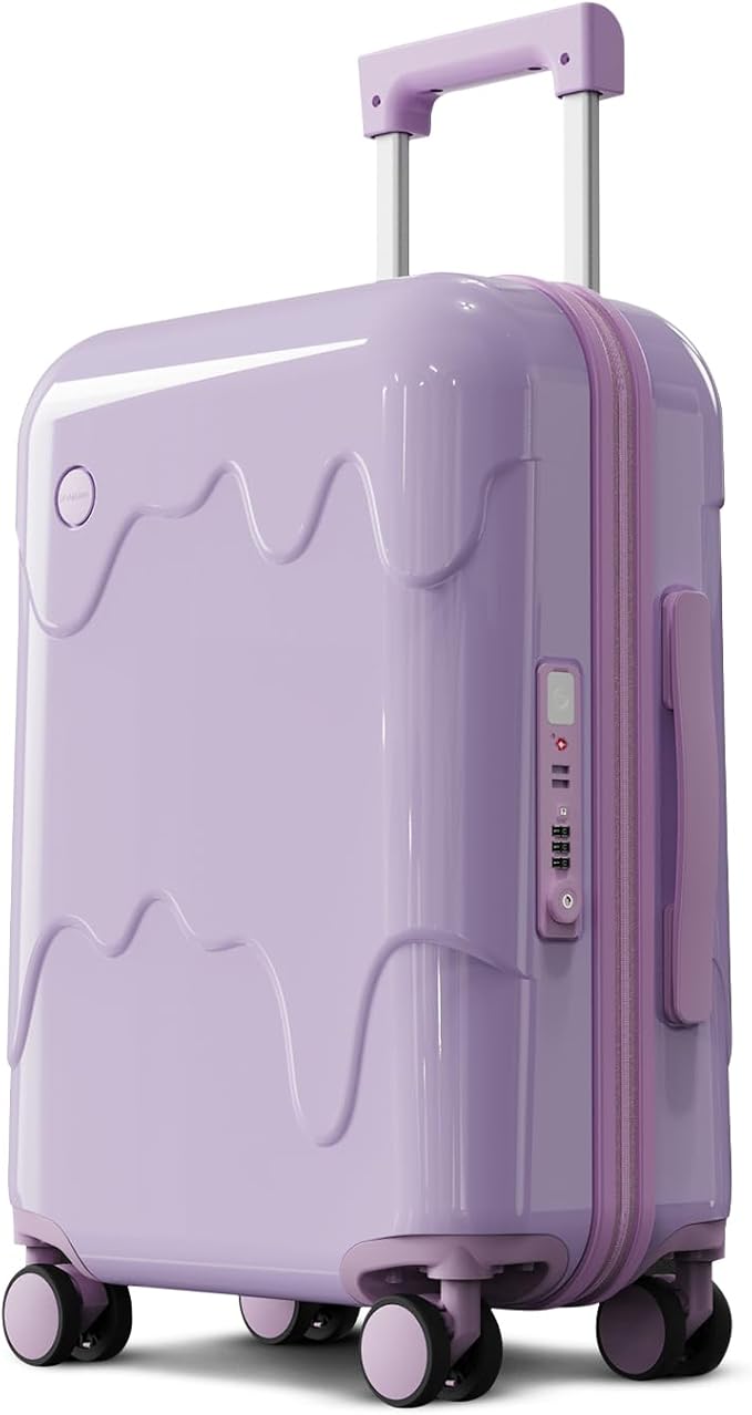 ROAMING 20-Inch Purple Carry On Luggage Airline Approved Lightweight PC Hardside Rolling Suitcase with TSA Lock Cup Holder USB Charging Port and Spinner Wheels for Women Ice cream suitcase
