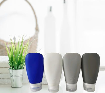 Travel Bottles for Toiletries, TSA Approved 3oz Leak Proof Silicone Refillable Squeeze Travel Size Containers BPA Free for Cleansers, Lotions, Shampoo, Conditioner 4pk With Bag(W,G,Blk,Bl)