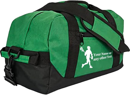 Personalized Passion 14” Small Sports Duffel Bags for Kids - Waterproof Travel Duffle with Name & Lacrosse Design - Dark Green Two-Toned Kids Weekender Bag for Boys and Girls