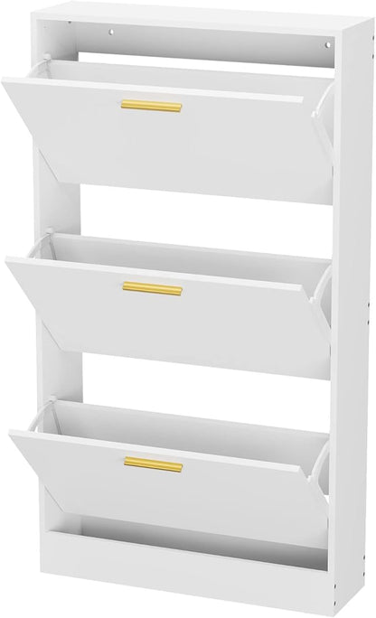 JOZZBY Shoe Cabinet Storage with 3 Flip Drawers for Entryway, White Slim Freestanding Modern Narrow Shoe Organizer Rack Cabinet for Hallway, Living Room