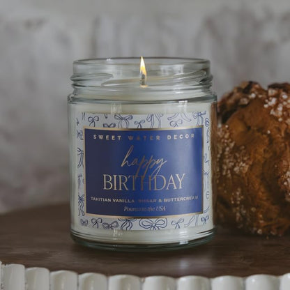 Sweet Water Decor Happy Birthday Candle Jar, Non-Toxic Soy Wax, Blue Bows Candle with Tahitian Vanilla, Sugar, and Buttercream Scent Notes, 40+ Hour Burn Time 9 oz with Gold Lid, Birthday Gift for Her