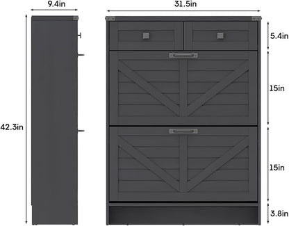 Shoe Cabinet with 2 Flip Drawers & 2 Drawers,Farmhouse Shoe Storage Cabinet for Entryway,Slim Freestanding Narrow Organizer Rack for Front Door Entrance,Black