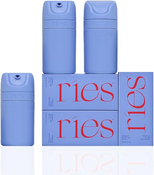 RIES Starter Set Toiletry Travel Bottles – Set of 3 (1.7oz) Airless Pump Containers for Shampoo, Conditioner, Body, Face – Leak-Proof, TSA-Approved, Dishwasher Safe- (Runaway Blue)