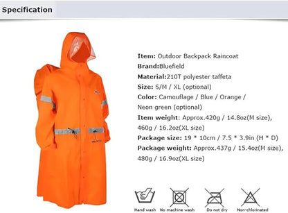 BlueField Unisex Reflective Outdoor Backpack Raincoat Rain Cover One-piece Rain Poncho Cape Jacket for Hiking Camping Cycling