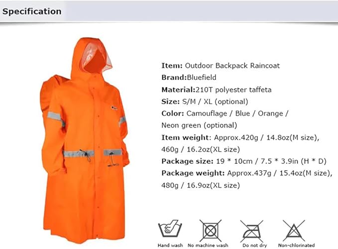 BlueField Unisex Reflective Outdoor Backpack Raincoat Rain Cover One-piece Rain Poncho Cape Jacket for Hiking Camping Cycling