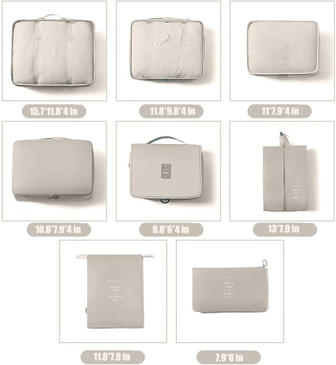 8 Set Packing Cubes, Travel Luggage Packing Organizers (Beige)