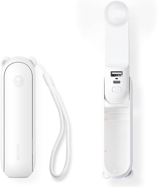 JISULIFE Handheld Mini Fan, 3 IN 1 USB Rechargeable Portable Fan [12-19 Working Hours] with Power Bank, Flashlight, Pocket Design for Travel/Summer/Concerts/Lash, Gifts for Women (White)