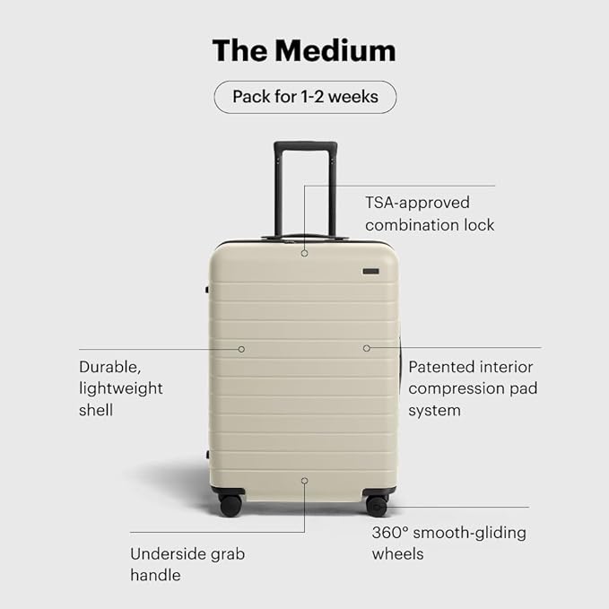Away Medium Checked Luggage, Lightweight Hard Shell Suitcase with Spinner Wheels, Durable Rolling Luggage, TSA Lock, 26 Inch, Salt White