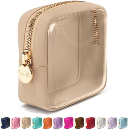 Embla London Makeup Bag Cosmetic Case, Clear Zipper Make Up Pouch and Toiletry Travel Tote, Cute Skincare Pouches for Women Girls, Preppy Purse Cosmetic Organizer, Mini Makeup Bags, Sand
