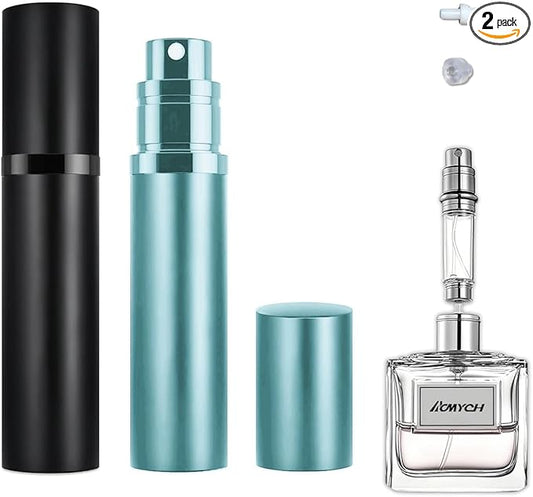 2PCS Perfume Travel Refillable Bottle, Bottom-Filling Fragrances Perfume Atomizer, Empty Mini Cologne Dispenser, Portable Sprayer Pocket Size for On the Go 5ml (Black & Light Blue)