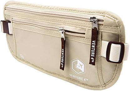 VENTURE 4TH Money Belt for Travel – Hidden Under-Clothes RFID Blocking Passport Holder & Slim Travel Wallet Pouch for Men & Women to Protect Cash, Cards & Documents (Beige)