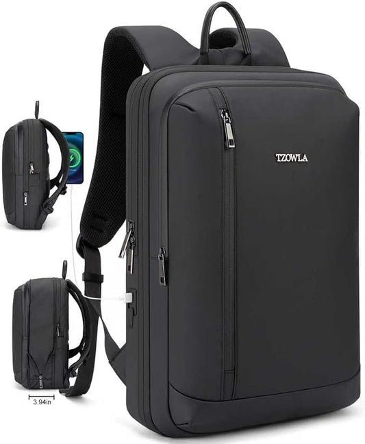 Tzowla Business Expandable Laptop Backpack for Men Professional,Slim Waterproof Backpacks for Travel/Work/Office/College with USB/Type C Charging Port,Lightweight Bag Fit 17.3 Inch Notebook(Black)