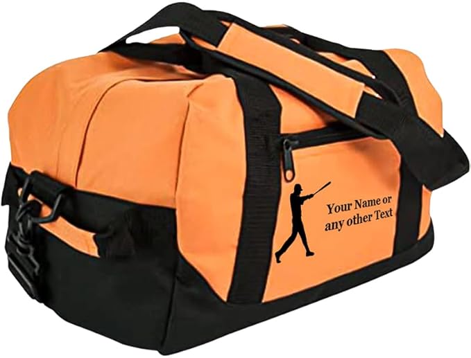 Personalized Passion 14” Small Sports Duffel Bags for Kids - Waterproof Travel Duffle with Name & Baseball Design - Orange Two-Toned Kids Weekender Bag for Boys and Girls