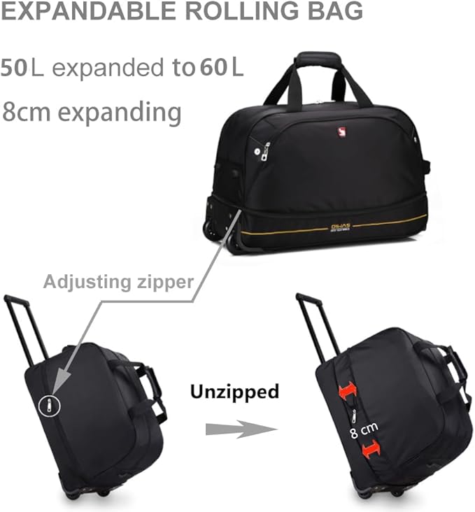 OIWAS Small Rolling Duffle Bag with Wheels Travel 22 inch Carry On Luggage Unisex-Adult Short Term Trips Expandable 50L to 60L