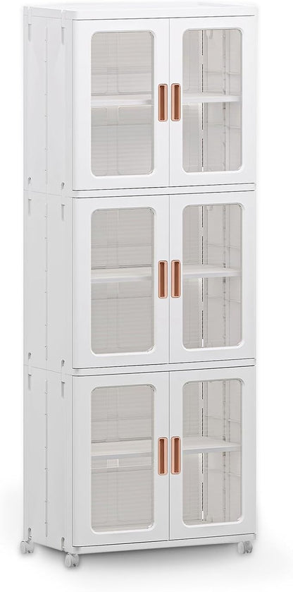 Storage Bins with Lids and Doors Storage Cabinet with Wheels Plastic Stackable Pantry Cabinet Cupboard Closet Foldable Kitchen Collapsible Storage Bins for Book Snack and Bathroom Organizer