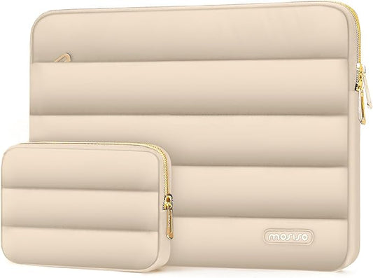 MOSISO 13.3 inch Laptop Case, 13-13.3 inch Puffy Laptop Sleeve Compatible with MacBook Air 13 13.6 M4 M3 M2 M1/Pro 13/Pro 14, HP Dell ASUS Lenovo,Polyester Horizontal Bag with Small Case, Apricot