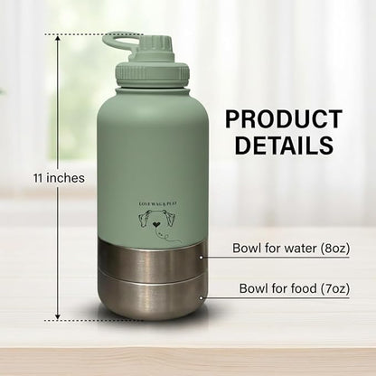 Love Wag & Play Dog Water Bottle Portable – 2 in 1 Stainless Steel Bowl for Food, Water – Leakproof Portable Water Bowl for Dog with Carry Loop – Detachable Design – Ideal for Kibble, Treats (Brown)