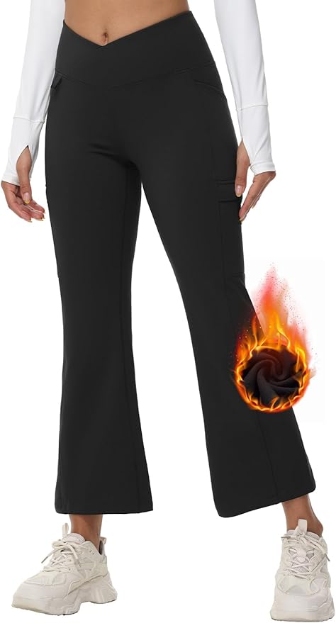 baleaf Women's Fleece Lined Pants Winter Thermal Water Resistant Crossover Flare Leggings Warm Bootcut Hiking Outdoor