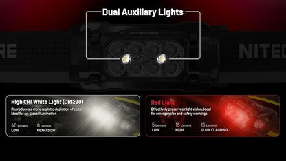 Nitecore HC65 UHE Headlamp, 2000 Lumen Max Heavy Duty Metal, USB-C Rechargeable with White, Red, and Reading Lights for Camping, Hiking, Hunting, and Industrial Works with Organizer (Grey)