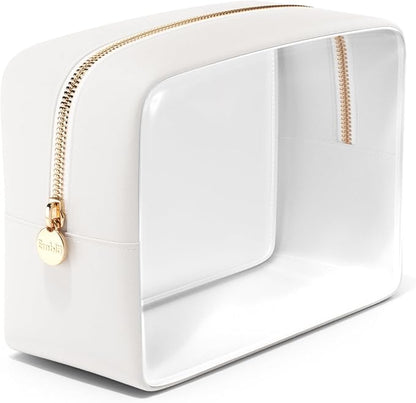Clear Makeup Bag Zipper Pouch, Transparent Cosmetic Case Organizer, TSA Approved Travel Toiletry Case, Travel Accessories Essentials Makeup Tote for Women, Large Cute Make up Bag for Purse - White