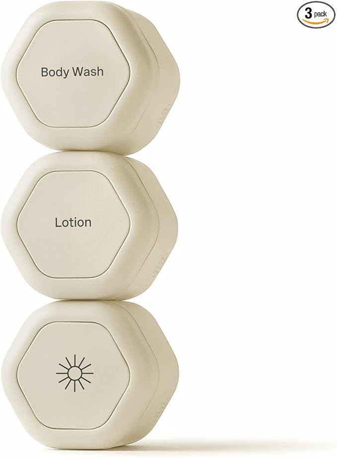 Cadence Travel Containers - Body Care Capsule Set - Magnetic Containers with Lids,Carry On Travel Essentials for Women/Men - 3 Flex Mediums (1.32oz) - Body Wash, Lotion & Sun Icon Labels - Sand