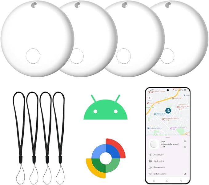 Bluetooth Tracker for Android Device 4 Pack, Item Finders Locators Work with Google Find My App (Only for Android), Tracker Tag for Keys, Luggage, Backpack, Wallet, Vehicle, Pets (White)