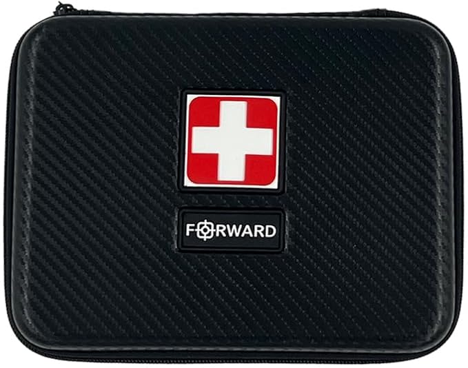 FORWARD Medical Emergency First Aid Kit (ME-FAK), Black Carbon Fiber Case, 9-Piece Trauma Care Kit with Tourniquet, Gauze, Emergency Blanket, 8.75x6.5x2.5 Inch