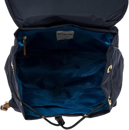 Bric's X-Travel Piccolo City Backpack 10", Water-Resistant Satin Nylon Daypack with Leather Details, Drawstring Closure, Adjustable Straps and Multi-Pocket Organization - Navy