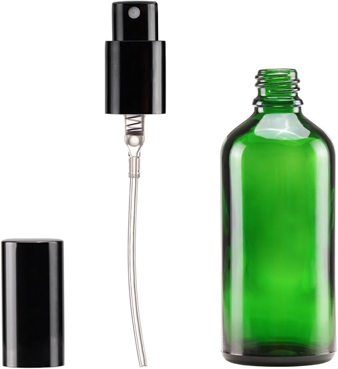 YIZHAO Green Glass Spray Bottles 4oz, with Small Fine Mist Spray, Metal Cap, Refillable for Essential Oil,Travel,Cleaning,Perfume,Aromatherapy,Makeup – 4 Pcs
