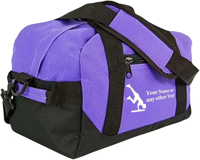 Personalized Passion 14” Small Sports Duffel Bags for Kids - Waterproof Travel Duffle with Name & Gymnastics Design - Purple Two-Toned Kids Weekender Bag for Boys and Girls